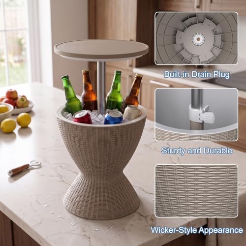 EasyUp Outdoor Cooler Bar Table – 8 Gallon Outdoor Patio Cooler Table with Drain Plug, Adjustable Height Rattan-Style Resin Cool Bar for Poolside, Deck, BBQ & Parties Classic Grey - Image 4