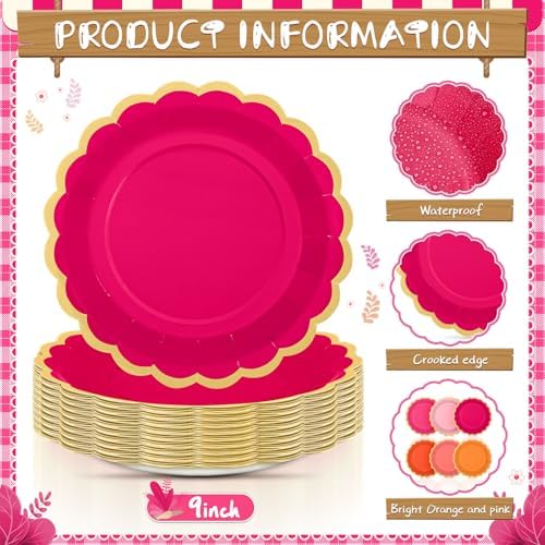 96 Pcs Pink and Orange Paper Plates 9 Inch Scalloped Paper Plates Disposable Dinner Dessert for Birthday Wedding Bridal Party Supplies, 6 Colors - Image 4