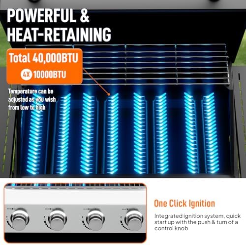 ROVSUN 4 Burner Propane Gas Grill with Foldable Side Shelves, 40000BTU BBQ Grills with Enameled Cast Iron Grates, Cabinet & Poratable Rolling Wheels for Outdoor Garden Patio Backyard Barbecue Cooking - Image 2