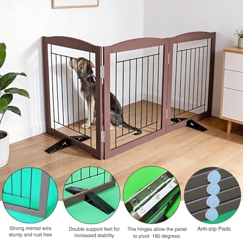 ZJSF Freestanding Dog Fence Indoor, Foldable Dog Gate for Doorways, Stairs or Hallways, Sturdy Wood Extra Wide Pet Gate with Support Feet for The House, Brown, 32 "Height-3 Panels - Image 5