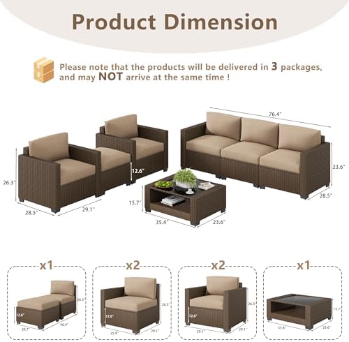 LOUVIXA 7 Piece Outdoor Patio Furniture Set, Rattan Chairs Glass Table Wicker Conversation Seating Sectional Sofa with Cushions (Brown-Camel, 7Pcs-2 Layer Coffee Table) - Image 2