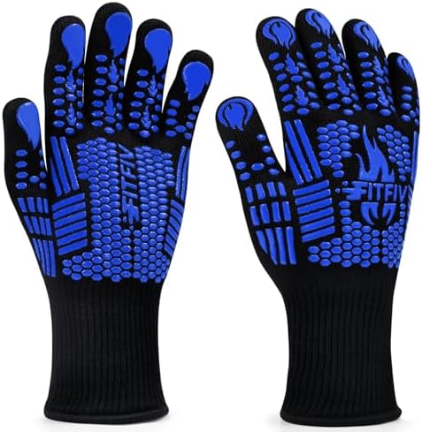 BBQ Gloves, 1472°F Heat Resistant with Silicone Grip Oven Mitts by FITFIV