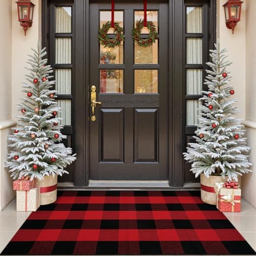 OJIA Christmas Outdoor Rug 3'x5' Red Plaid Front Door Mat Outdoor Area Rug by OJIA