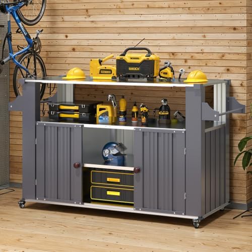 AECOJOY Outdoor Grill Cart with Stainless Steel Top, Outdoor Kitchen Island with Wheels, BBQ Prep Table, 2-Tier Storage Cabinet, Rolling Utility Station for Patio in Dark Grey - Image 5