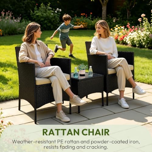 Yaheetech 3 Pieces Patio Conversation Set, Outdoor Rattan Bistro Furniture, 2 Chairs with Cushions & 1 Side Table for Bistro/Porch/Garden/Deck/Courtyard, Black/Khaki - Image 5