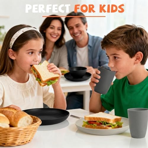 20 PCS Wheat Straw Plates and Bowls Sets,Kids Dishes Dinnerware Sets for 4,Unbreakable Kitchen Plates and Bowls Set for Travel Dishwasher & Microwave Safe Lightweight Dishes Set - BlackGrey - Image 6