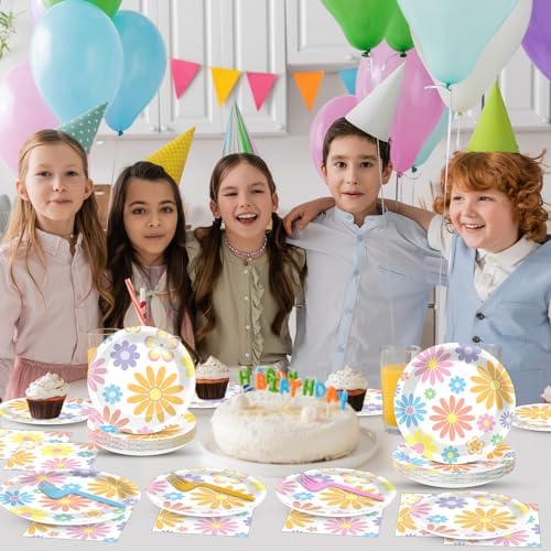 96PCS Boho Pastel Party Paper Plates and Napkins for Groovy Daisy Retro Boho Party Dessert Cake Plates Disposable Tableware Supplies for Baby Shower Birthday Wedding Seasonal Holiday Decorations - Image 5