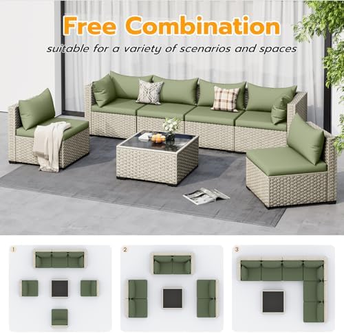 UDPATIO Outdoor Patio Furniture Set 7 Pcs Wicker Sectional Sofa Grass Green - Image 5