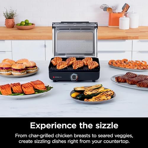 Ninja GR100 Sizzle Smokeless Indoor Grill with Nonstick Grill Plate, Dishwasher-Safe Removable Mesh Lid, 500F Max Heat, Even Edge-to-Edge Cooking, Black (Renewed) - Image 2