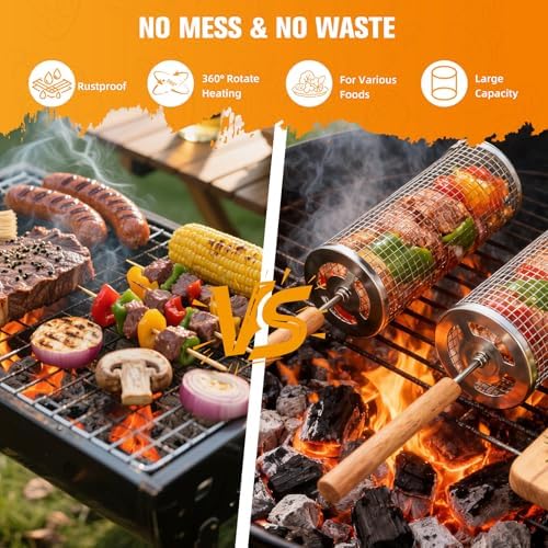 Rolling Grill Basket,7-Piece BBQ Set,Stainless Steel Grilling Basket with Lid and Removable Wooden Handle, BBQ Grill Accessories for Vegetables, Shrimp, Meat ,Outdoor Cooking Perfect Gifts for Men Dad Husband - Image 5