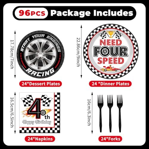 96Pcs Racing Car 4th Birthday Party Paper Plates and Napkins for Need Four Speeed Dessert Cake Plate Disposable Decor Racing Checkered Flag Tableware for Boy Kids Race Car 4 Years Birthday Decorations - Image 2