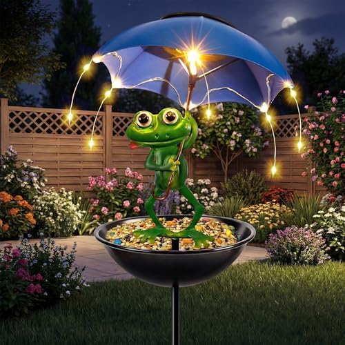 Solar Bird Feeder Frog Garden Decor, Outdoor Solar Lights Frog Figurine Lights with Umbrella, Hummingbird Feeder Decorative Path Lights Gardening Gifts for Women, Yard Art Ornament Bird Feeder by VBIOA