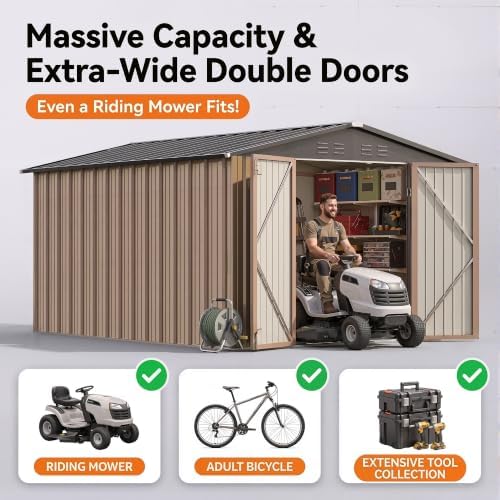 Devoko 8x10 FT Outdoor Storage Shed, Metal Tool Shed with Lockable Door&Slooping Roof, Outside Storage for Garden Backyard Patio(Brown) - Image 4