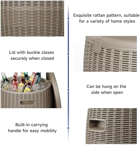 EasyUp 9.5 Gallon Outdoor Cooler Table, Wicker Round Ice Bucket for Parties, Rattan Bar Table with Top Lid Side Handles Drainage Plug, Beer Wine Cooler Side Tables for Patio, Poolside, Deck, Grey - Image 6