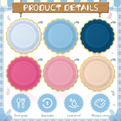 96 Pcs Pink Rose Navy Blue Paper Plates 9 Inch Gradient Scalloped Paper Plates Disposable Dinner Dessert for Dancing Queen Birthday Wedding Bridal Party Supplies, 6 Colors - Image 3