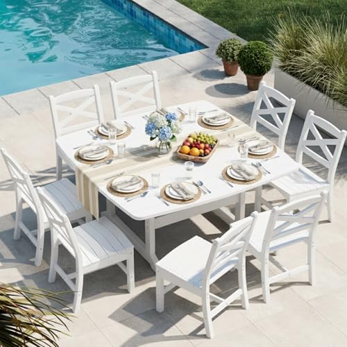 Outdoor Dining Set, HDPE 9-Piece Patio Table and Chairs Set, All-Weather Outdoor Dining Table Set for 8 with Umbrella Hole, Durable Patio Furniture Set with Chairs,White - Image 7