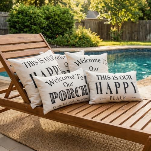 JOJOGOGO Welcome to Our Porch Outdoor Pillow Covers Waterproof 18x18 Set of 2, Decorative Farmhouse Outdoor Throw Pillows 18 x 18, Back Porch Decor Patio Furniture Pillows (This is Our Happy Place) - Image 6