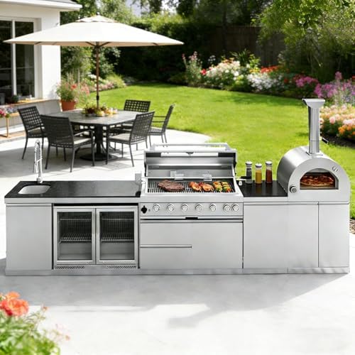 147" Outdoor Kitchen Island,Natural Gas BBQ Grill with Pizza Oven,Rotisserie,Double Door Refrigerator,Storage Cabinets,Granite Countertop & Drawers,120,000 BTU,Stainless Steel Material. - Image 3