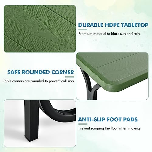 ORALNER Picnic Table, Resin Dining Table & 2 Benches Set, Weather Resistant Wood Grain Plastic Tabletop & Steel Frame, Picnic Tables for Outdoors, Porch Yard Patio Lawn Party Camping (Green) - Image 7