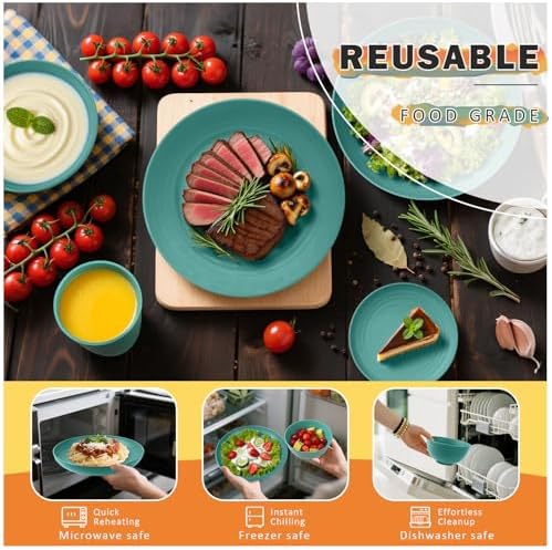 Wheat Straw Dinnerware Sets, 32 PCS Dishes Set for 8, Unbreakable Plates and Bowls Sets, Microwave Safe Dinnerware Set for Kitchen Outdoor Camping RV - Green - Image 6