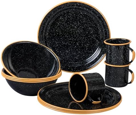 Granite Ware 12-Piece Outdoor Set, Enameled Steel, Perfect for Camping & Picnics - Speckled Black with Color Rim by GraniteWare
