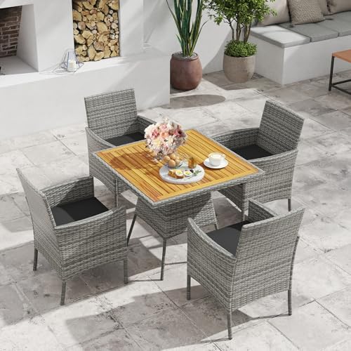 HAPPYGRILL 5 Pieces PE Wicker Patio Dining Set with Table and Chairs with Cushions, Outdoor Patio Furniture Set for Deck, Garden and Backyard (Grey Black & Wood) - Image 2