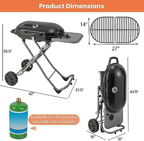 Giantex Portable Propane Gas Grill with 15,000 BTUs Burner, Side Table, 2 Wheels, Grease Tray, Metal Frame, Folding Stand-Up Propane Gas Grill for Outdoor Cooking Camping Barbecue (Black) - Image 6