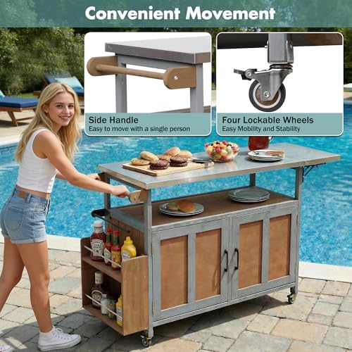 LUMISOL Grill Cart with Foldable Stainless Steel Top, Mobile Outdoor Kitchen Island with Storage Cabinet and Towel Rack, Espresso+Grey - Image 7