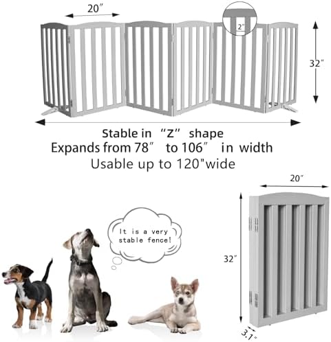 Freestanding Dog Gate Indoor,Doggie Gate Foldable Pet Gates for Doorways,Stairs or Hallways, Wooden Grey Pet Gate for the House, Pet Fence with Support Feet Included,32 "Height-6 Panels - Image 6