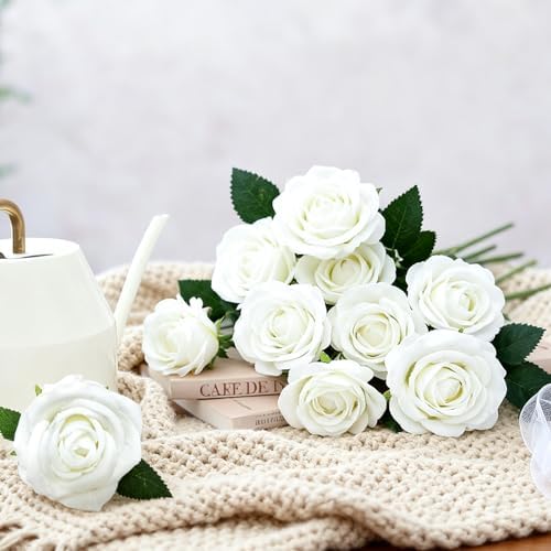 100Pcs White Roses Artificial Flowers with Stems，Fake Roses Bouquet Fake Flowers Bulk，Silk Velvet Roses for Wedding Centerpieces Arrangement Baby Shower Birthday Home Decor Gifts - Image 5