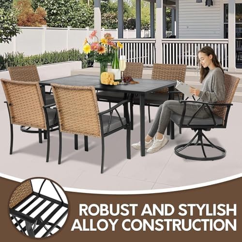 7-Piece Patio Dining Set for 6, Outdoor Dining Set with Wicker Swivel Patio Dining Chairs with Cushions & Black Rectangular Woodgrain Dining Table with 1.75”Umbrella Hole, Black & Brown - Image 5