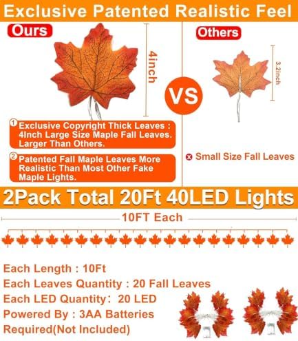 Fall Decor 2 Pack Fall Garland with Lights Enlarged Maple Leaves 20Ft 40LED - Image 2
