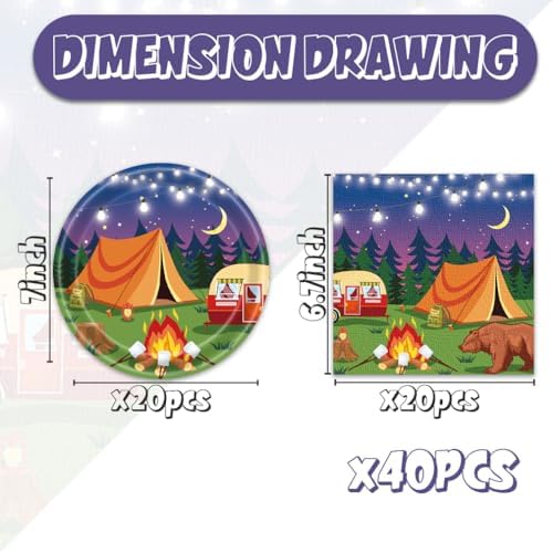 40pcs Camping Party Supplies Campfire Hiking Camper Theme Birthday Paper Plates and Napkins Set for Boys Kids Campfire Barbecue Birthday Party - Image 2