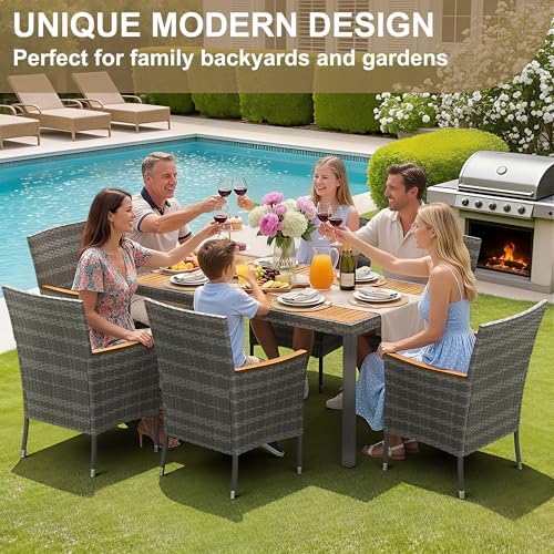 Devoko 7 PCS Acacia Wood Patio Dining Set, Gray Rattan - Image 5