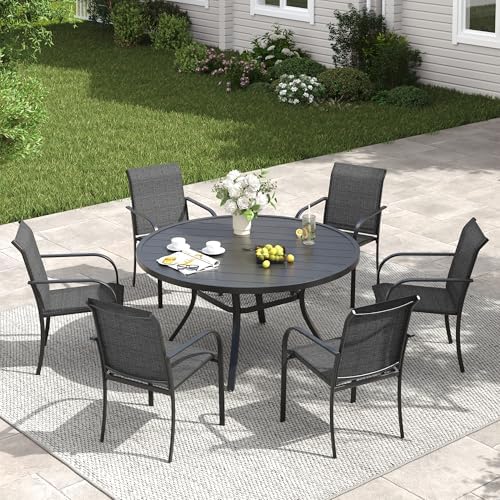 VICLLAX Patio Dining Set for 6, 7 Pieces Outdoor Furniture Set- 47" Round Patio Table and Stackable Chairs, Black Tabletop and Grey Fabric by HOME