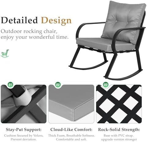 Oakcloud Oakmont Outdoor Furniture 3 Piece Conversation Bistro Set Rocking Chairs and Glass Top Table, Thick Cushions, Black Steel (Grey) - Image 3
