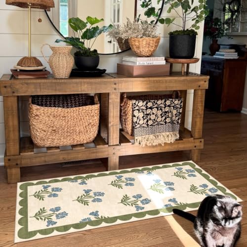 Front Door Mat Indoor Entrance - 2x4.3 Ft Floral Washable Layered Doormat Outdoor Entrance Porch Rug Non-Slip Sage Blue Boho Runner Rug for Kitchen Hallway Bedroom Laundry Room Porch Decor - Image 4