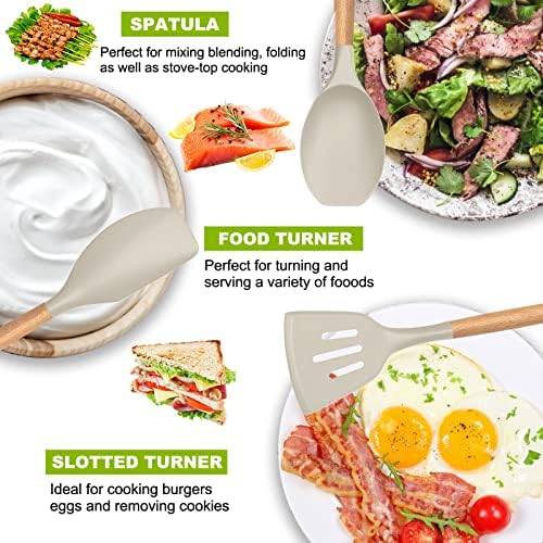 Umite Chef 36pcs Silicone Kitchen Cooking Utensils with Holder, Heat Resistant Cooking Utensils Sets Wooden Handle, Khaki Nonstick Kitchen Gadgets Tools Include Spatula Spoons Turner Pizza Cutter - Image 3