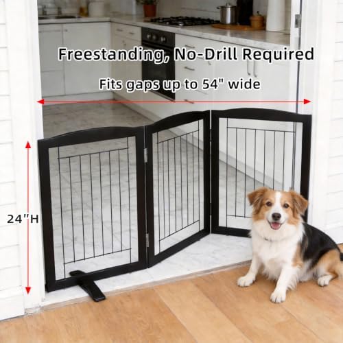 ZJSF Freestanding Dog Fence Indoor, Foldable Dog Gate for Doorways, Stairs or Hallways, Sturdy Wood Extra Wide Pet Gate with Support Feet for The House, Black, 24 "Height-3 Panels - Image 2