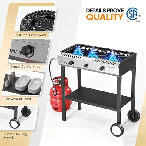 ROVSUN 3 Burner Propane Stove with Auto Ignition, 225,000 BTU Gas Stove with Storage Shelf, Rolling Wheels & Regulator for Home Outdoor Backyard Camping Cooking Frying Brewing Canning - Image 2