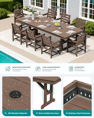 SERWALL Outdoor 84" HDPE Rectangular Dining Table for 6-8,All-Weather,Brown - Image 4