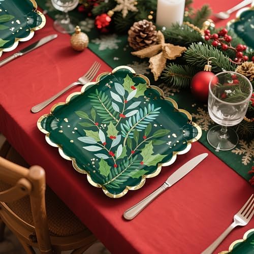 WRAPAHOLIC 25Pcs Christmas Paper Plates - 9 Inch Gold Foil and Green Holly Berry Disposable Plates Decorative Dinner Plates for Christmas Party Tableware Supplies Table Decor - Image 3