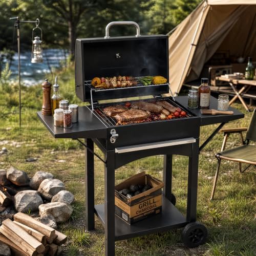 Outvita Charcoal Grill with 2 Side Tables, BBQ Grill with Lid & Chimney - Image 7