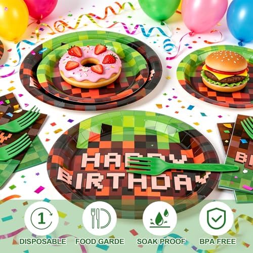 120Pcs Pixel Birthday Plates and Napkins,Pixel Theme Party Decorations,Includes 9&7inch Paper Plates Cups Napkins Forks Party Supplies for Video Game Pixel Party Decorations, Serve 24 - Image 4