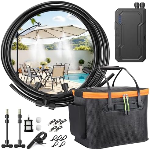 Ausic Portable Misting System for Outside Patio, Outdoor Water Cooling Mister with Battery Powered Pump (Max 8Hrs), 20L Bucket, 26FT Hose, Patio Misters for Tailgating, Pasture, Camping, Canopy, Sport by Ausic