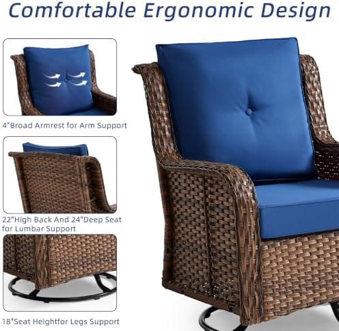Wumiokio Patio Furniture Sets, Wicker Outdoor Furniture - 360 Degree Swivel Rocking Chairs and Rattan Side Table for Garden,Porch,Backyard (Brown Wicker/Blue Cushion, 5PCS - Swivel Chairs & Ottoman) - Image 4