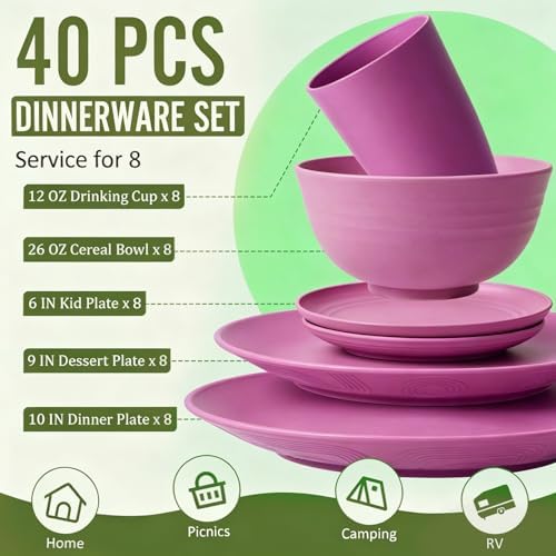 Wheat Straw Dinnerware Set 40 PCS | Service for 8 | Unbreakable Plates and Bowls Sets Plastic Reusable Dishes Sets Dinner Plates, Cereal Bowls, Water Cups Kitchen Set for Home RV- Pink - Image 2