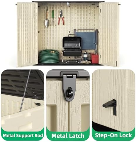 Allpop Outdoor Storage Shed, 31 Cu.Ft Resin Horizontal Storage Cabinet for Trash Cans, Patio & Garden, Khaki - Image 4