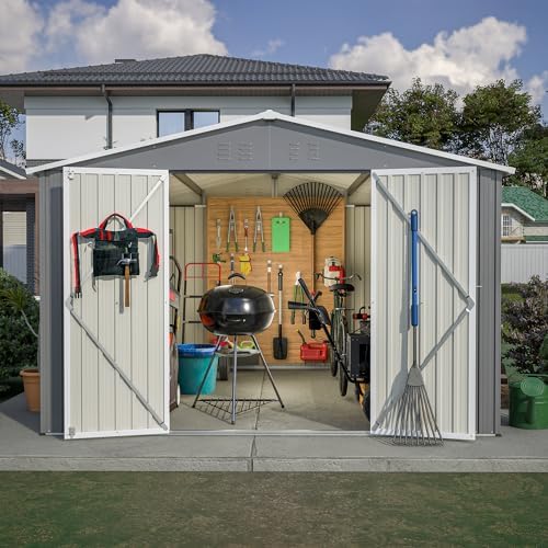 YOPTO 10x10 FT Outdoor Storage Shed,Metal Shed W/Updated Frame Structure & Lockable Door,Garden Tool House W/Air Vent & Sloped Roof,for Backyard,Patio,Lawn,Grey - Image 2