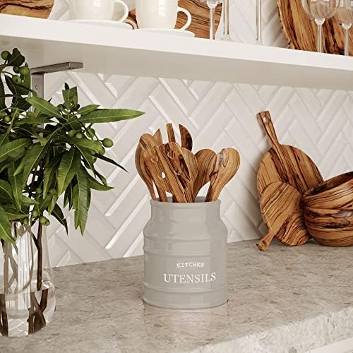Barnyard Designs Ceramic Kitchen Utensil Holder Countertop 6.75″ (Taupe) - Image 6